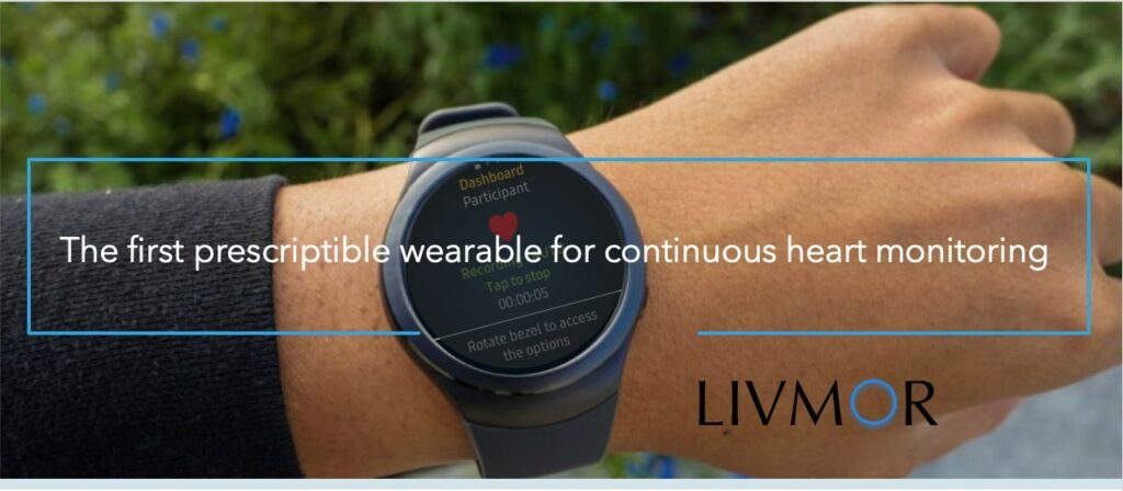 wrist wearing the Livmor wearable with text: "The first prescriptible wearable for continuous heart monitoring"